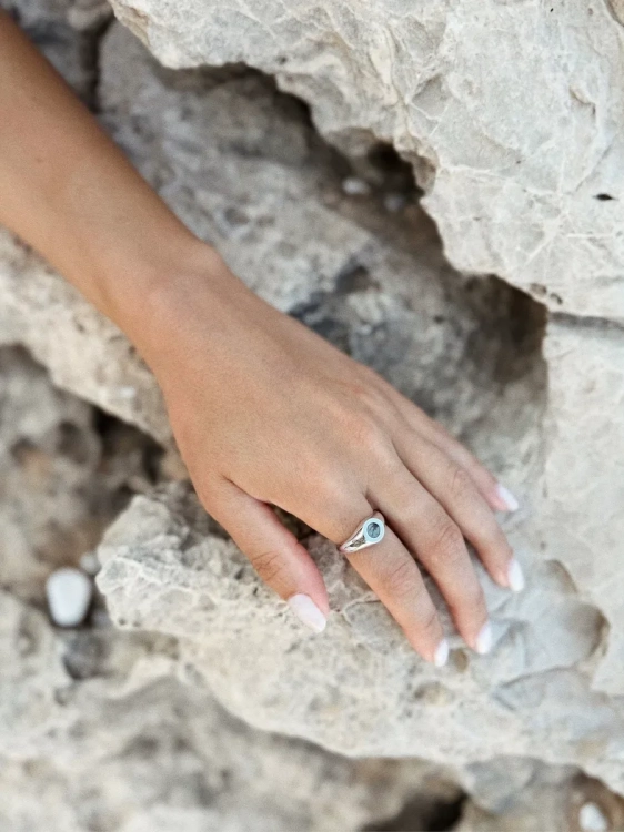 Women’s sterling silver ring with Picasso dolomite in light gray shades.