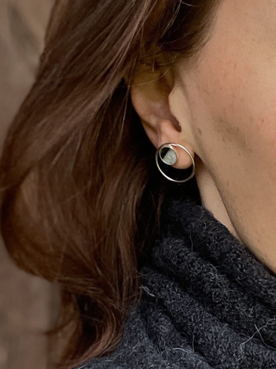 Modern silver hoop earrings featuring gray dolomite Picasso
