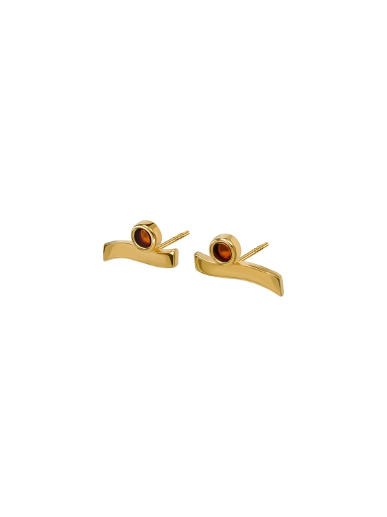 Gold-plated wave earrings with natural Baltic amber in a sculptural form