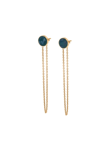 Gold drop earrings with chain and natural green nephrite