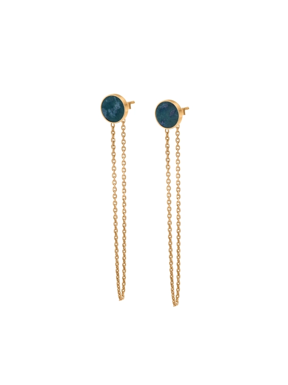 Gold drop earrings with chain and natural green nephrite