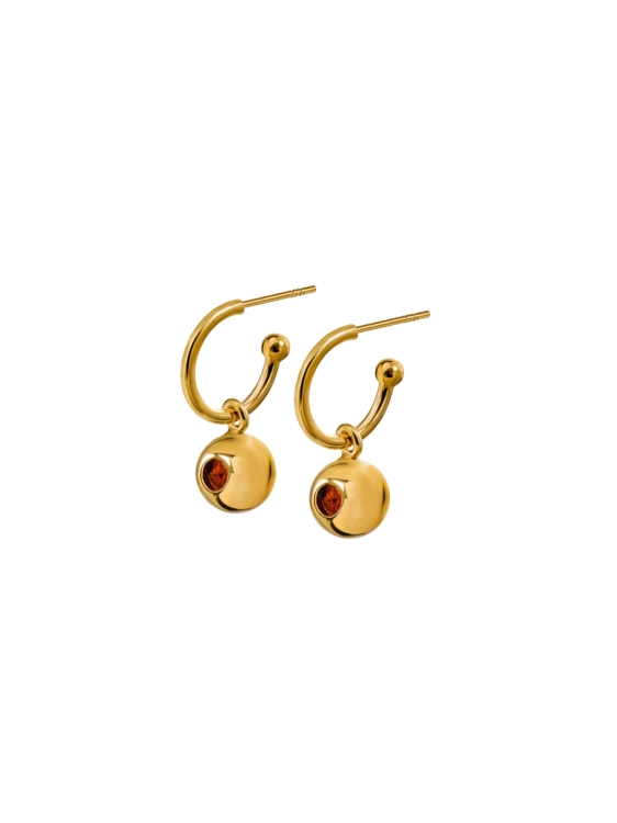 Gold hoop earrings with polished spheres and Baltic amber detail
